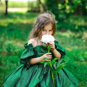 Abito da ragazza di fiori scintillante color smeraldo con maniche a sbuffo, abito verde gonfio lucido 3t, abito da bambina verde brillante per Natale immagine 2