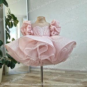 A lush sparkling children's dress with luxurious puffed sleeves and pearl bead embroidery. Royal Dress in Blush Color for 1st Birthday