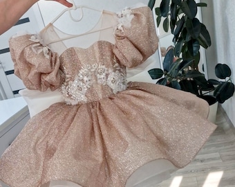 Lush Unusual Flower Girl's Dress with Stunning Sleeves and Removable Train, Sparkling Baby Dress for 1 Year Old - Perfect Special Occasions