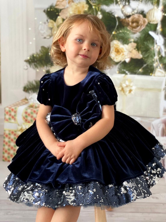 Dark Blue Velvet Flower Girl Dress, Velvet Baby Sequined Dress