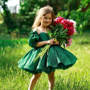 Abito da ragazza di fiori scintillante color smeraldo con maniche a sbuffo, abito verde gonfio lucido 3t, abito da bambina verde brillante per Natale immagine 1