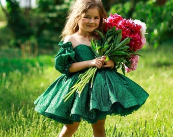 Emerald Sparkling Flower Girl Dress with Puffy Sleeves, Shiny Puffy Green Dress 3t, Bright Green Baby Girl Dress for Christmas