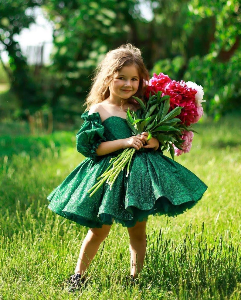 Abito da ragazza di fiori scintillante color smeraldo con maniche a sbuffo, abito verde gonfio lucido 3t, abito da bambina verde brillante per Natale immagine 1