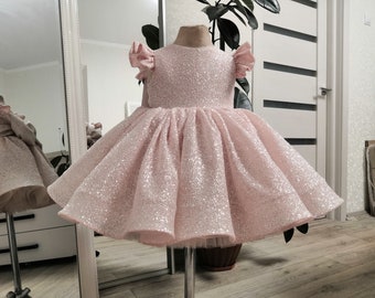 Pink Sequined Baby Dress,Pink Flower Girl Dress,Princess Dress in Sequins,Evening Dress For Baby