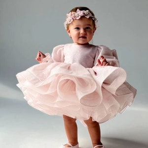 Sparkling Long Sleeve Puffy Glitter Baby Girl, Flower Girl Dress - Perfect for First Birthday and Special Occasions.