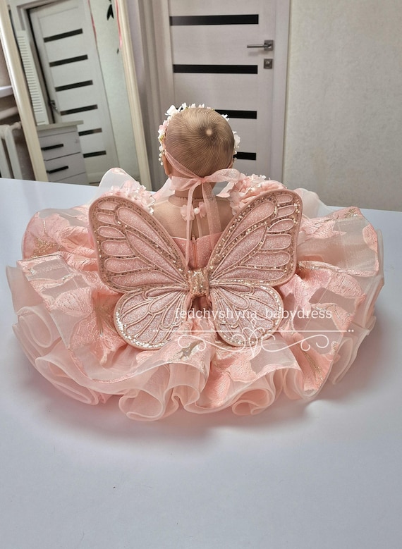 Butterfly Princess Baby Dress: Peach Ruffle Gown, Birthday Couture