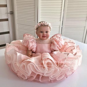 May include: A baby doll wearing a pink dress with ruffled layers and puffy sleeves. The doll has a floral headband and is seated in a round, ruffled dress. The dress has the text "fedonyshyna babydress".