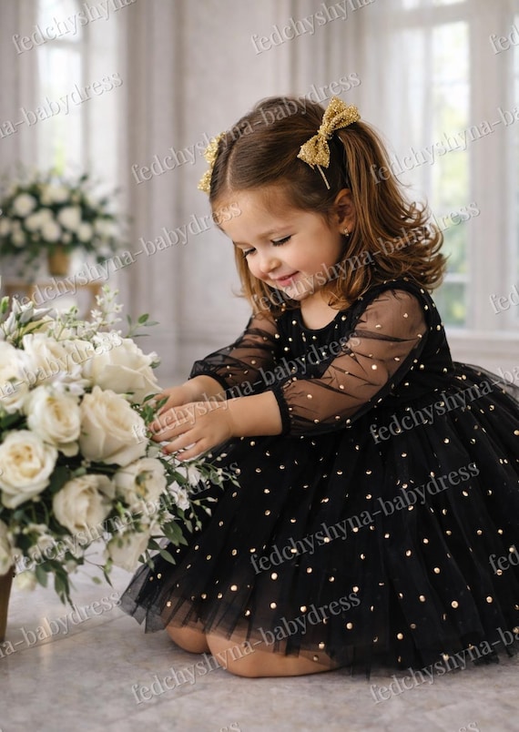Black Tulle Baby Dress, Gold Bead Detail, Birthday Party