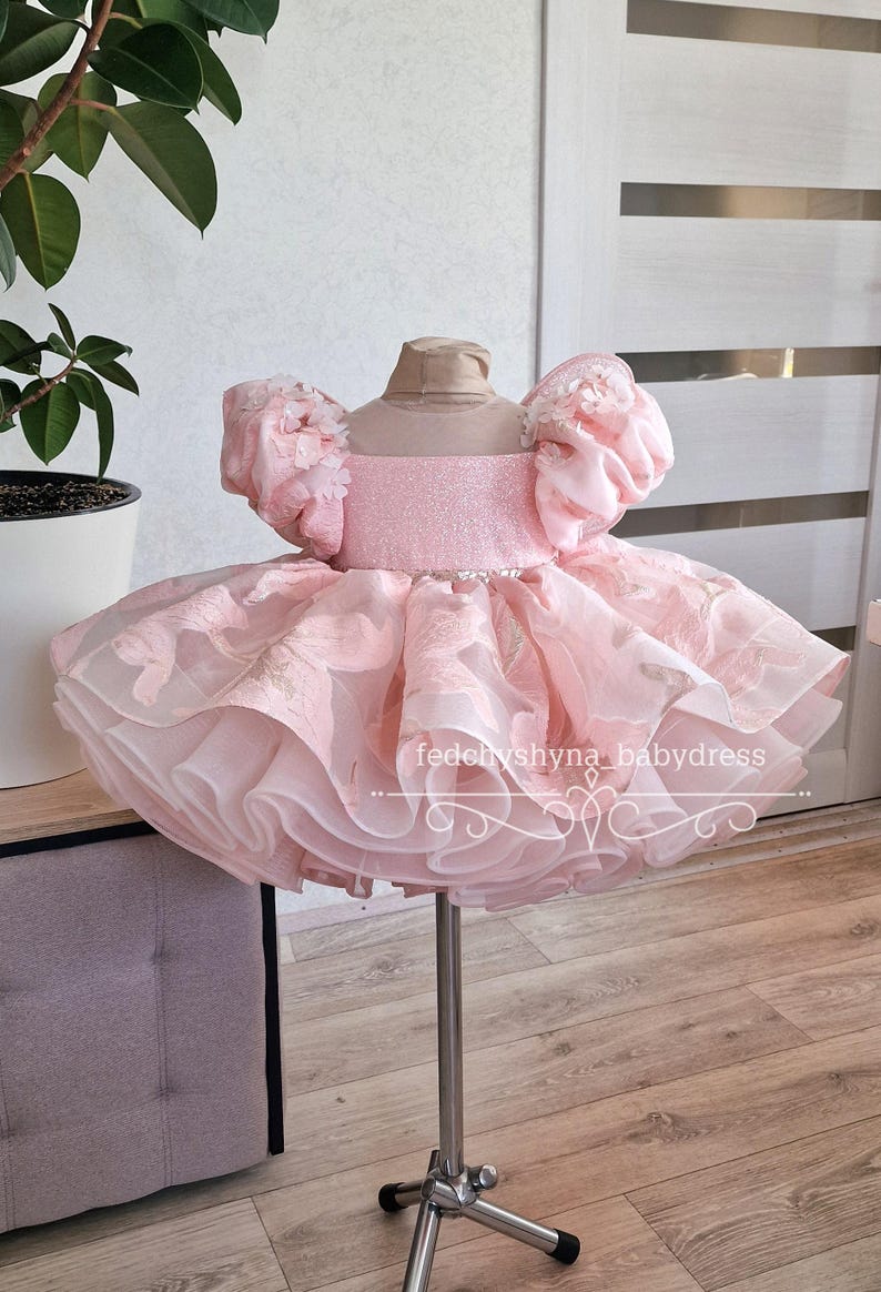 May include: A pink baby dress with a layered skirt and puffy sleeves. The bodice is embellished with glitter and the sleeves have floral accents. The dress is displayed on a metal stand. The text "fedchyshyna_babydress" is visible.