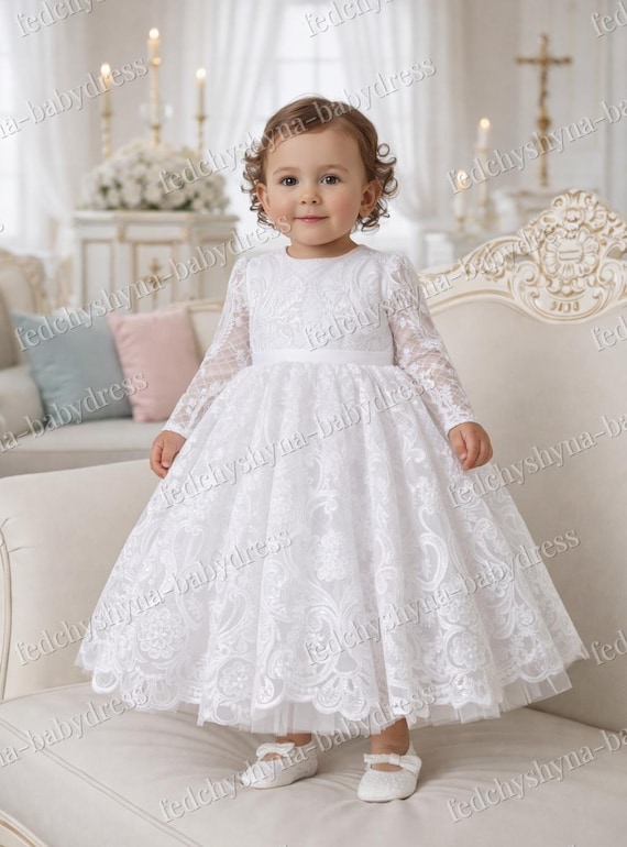 Baby Girl Baptism Dress, White Lace Christening Gown, First Birthday Dress