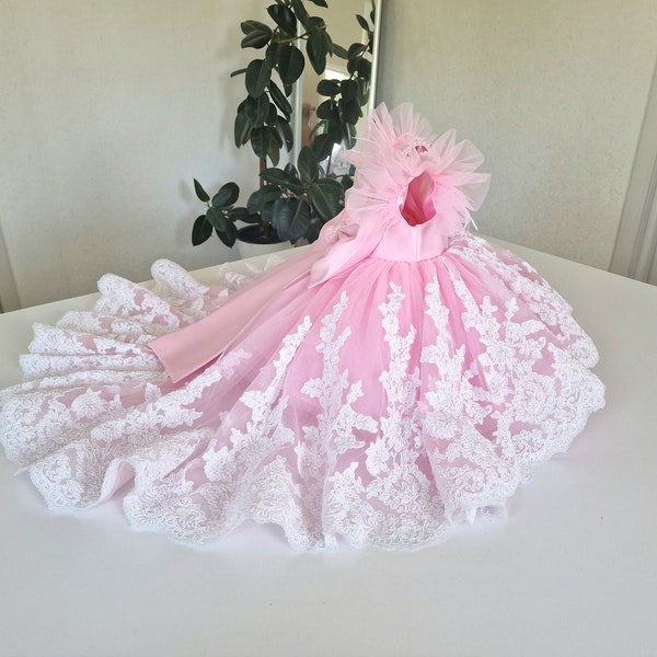Charming Lace Baby Girl Flower Girl Dress with Train and Pearl Beads Embroidery - Charming Pink with Ostrich Feather Sleeves