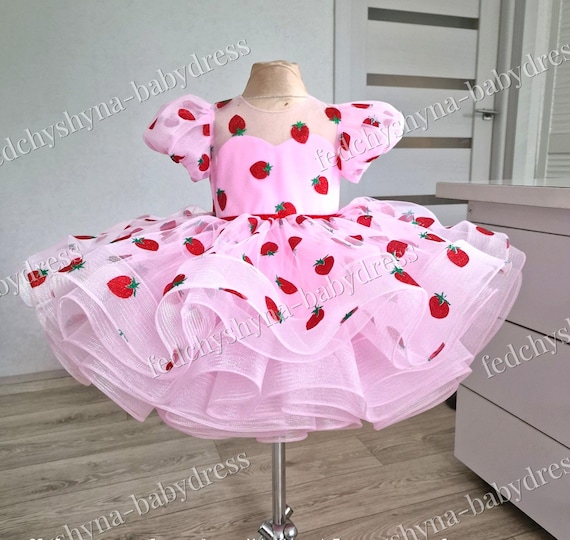 Puffy Pink Flower Girl Dress - Sparkling Strawberry Baby Dress perfect for a 1st Birthday Celebration