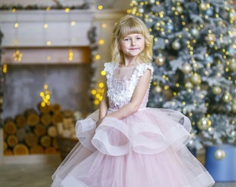 Junior Bridesmaid, Pink and Milk Lace Tulle Flower Girl Dress, Special Occasion Flower Girl Dress