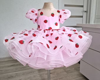 Puffy Pink Flower Girl Dress - Sparkling Strawberry Baby Dress perfect for a 1st Birthday Celebration