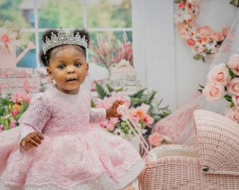 Pink Sparkling Lace Dress 12-18 Months, Shiny Pink Flower Girl Dress, Lace baby dress for the first birthday