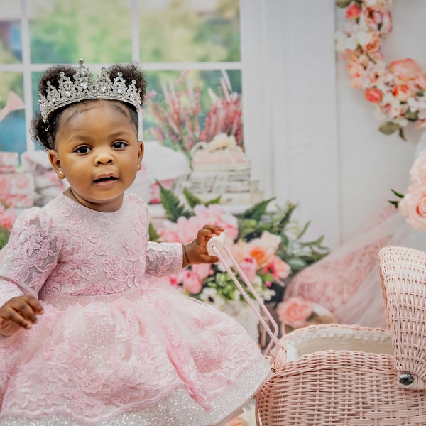 Pink Sparkling Lace Dress 12-18 Months, Shiny Pink Flower Girl Dress, Lace baby dress for the first birthday