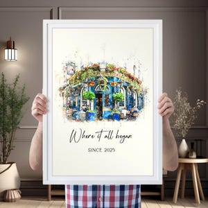 Cadeau où nous nous sommes rencontrés, dessin de notre premier rendez-vous, dessin de couple aquarelle, où tout a commencé, portrait de maison, cadeau de 1er anniversaire, cadeau de couple