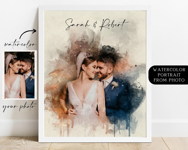 Personalized Watercolor Portrait from Photo, Anniversary Gift for Him, Custom Portrait, Wedding Gift, Gift for Wife Husband, Couple Print image 3