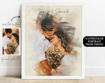 Custom Couple Portrait, Watercolor Portrait Painting from Photo, Anniversary Gift for Boyfriend Husband, Couple Print, 1st Anniversary Gift