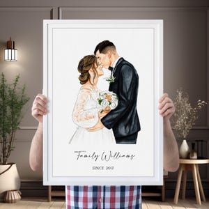Portrait de couple aquarelle dessiné à la main, cadeau d'art mural unique pour femme ou mari, cadeau de 1er anniversaire, souvenir d'anniversaire, peint à la main