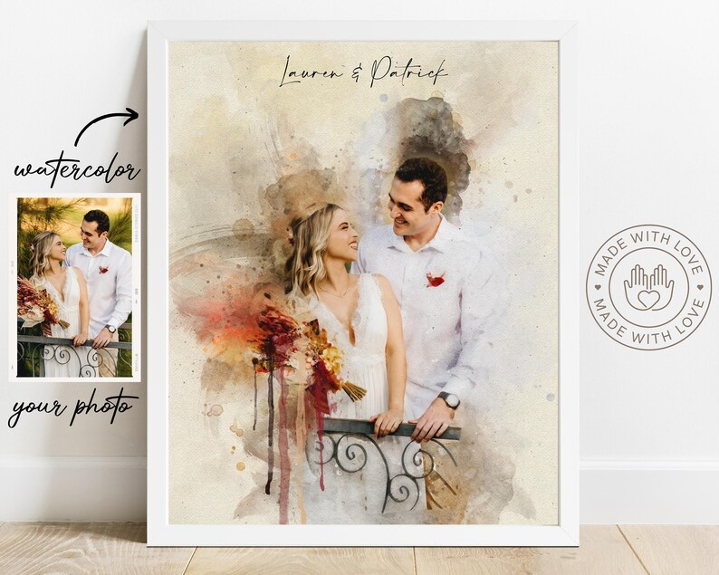 Personalized Watercolor Portrait from Photo, Anniversary Gift for Him, Custom Portrait, Wedding Gift, Gift for Wife Husband, Couple Print image 1