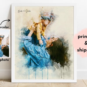 Impression aquarelle personnalisée fête des mères à partir d'une photo, cadeau pour maman, mère grand-mère, portrait de famille, première fête des mères, cadeau d'une fille