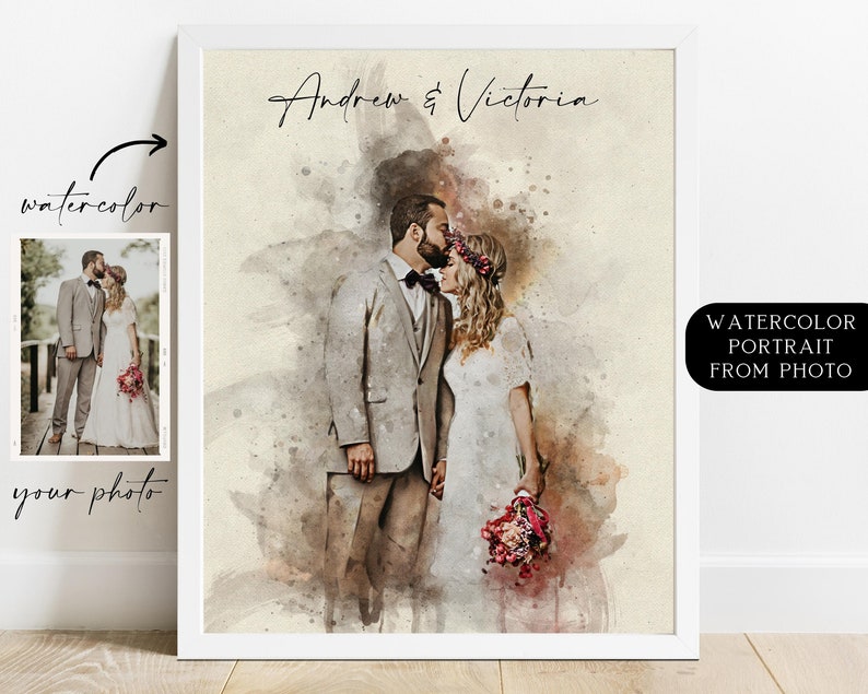 Personalized Watercolor Portrait from Photo, Anniversary Gift for Him, Custom Portrait, Wedding Gift, Gift for Wife Husband, Couple Print image 5