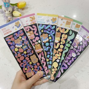 Lindo oso cinta pegatinas arco iris polco polcos toploader hoja brillante holográfica