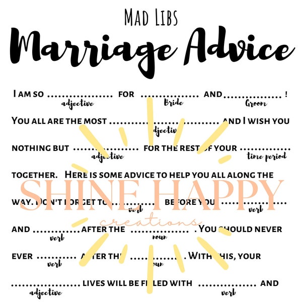 Wedding Guest Activity- Mad Libs Marriage Advice - Engagement/Wedding, DOWNLOADABLE (pdf) PRINTABLE
