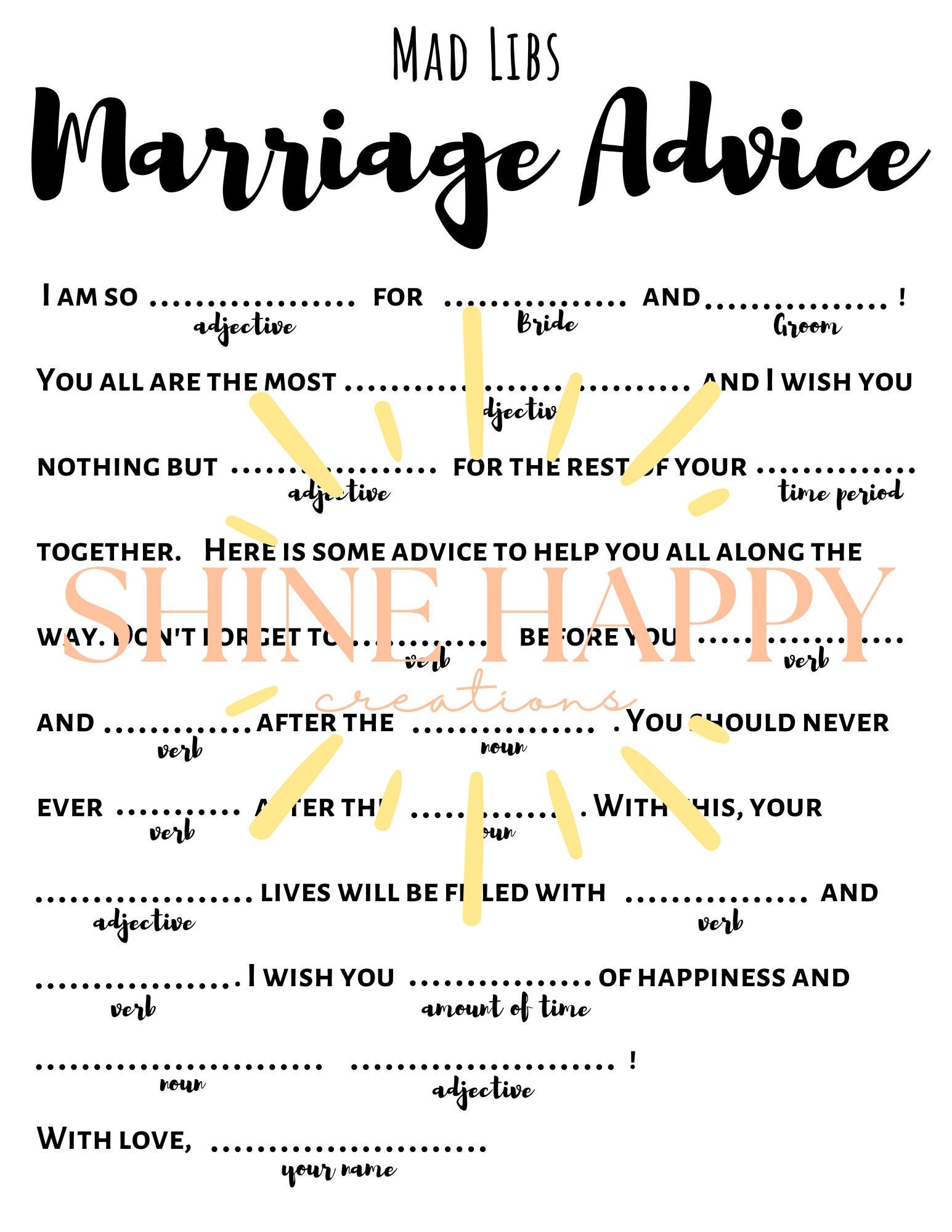 Wedding guest activity mad libs marriage advice engagement wedding