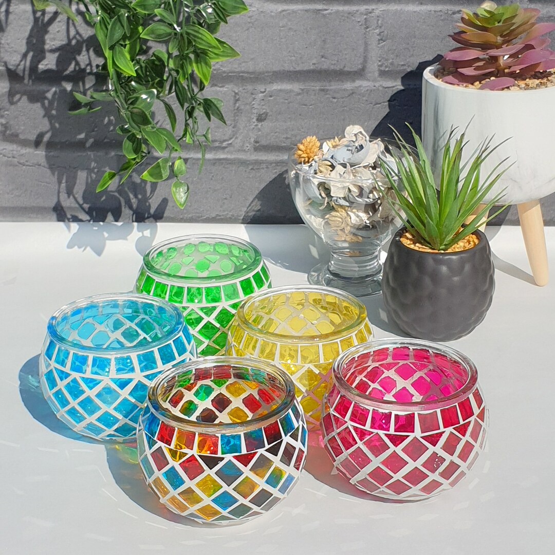 Mosaic Tea Light Holder Glass Jar With 1 Glo Wax Tea Light Candle Etsy UK