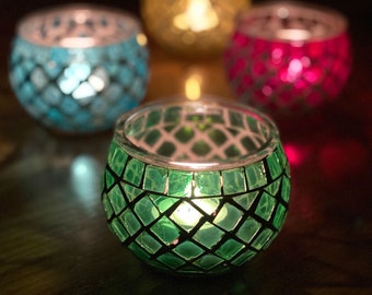 Bougeoirs en verre mosaïque, photophores avec bougies chauffe-plat de 8 heures