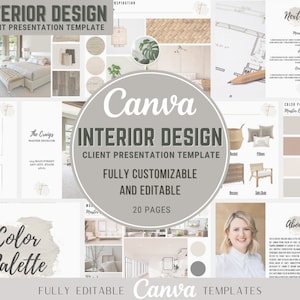 May include: Canva template for interior design client presentations. The template includes 20 pages with a color palette, floor plan, mood board, and about me section. The template is fully customizable and editable.