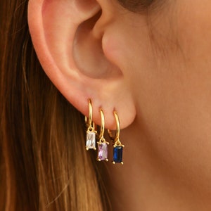 Baguette Huggie Hoop Earrings with Charm, Gold Plated Dangle & Drop Earrings in Sterling Silver