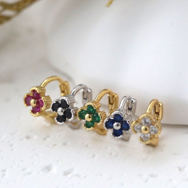 5mm Four Leaf Clover Helix Hoops, Tiny Flower Cartilage Hoop Earrings, Gold Tragus Hoop, Sterling Silver, Diamond, Emerald, Garnet, Sapphire