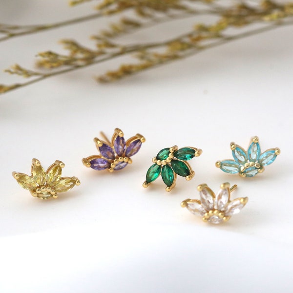 Diamond Petal Earrings Studs, Marquise Flower Earrings in Sterling Silver, Dainty CZ Bridesmaid Earrings, Gold, Aquamarine, Emerald, Purple