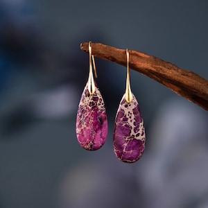Bohemian Purple Gemstone Dangle Earrings, Sea Sediment Hook Earrings, Healing Drop Earrings, Inner Peace Meditation Grounding Earrings Gift