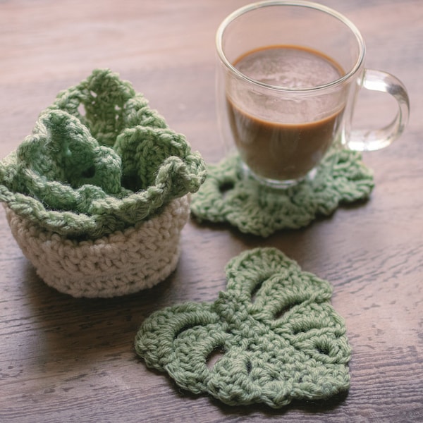 Handmade Crochet Monstera Leaf Coasters in Pot - Your Choice, Set of 4, 5, or 6 Coasters and Off White or Terra Cotta Pot