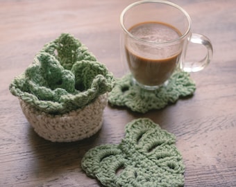 Handmade Crochet Monstera Leaf Coasters in Pot - Your Choice, Set of 4, 5, or 6 Coasters and Off White or Terra Cotta Pot