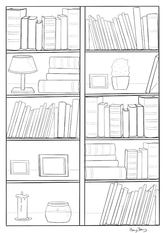 Bookcase Adult Digital Colouring Page Detailed Coloring Page | Etsy