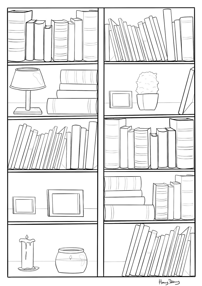 Bookcase Adult Digital Colouring Page Detailed Coloring Page | Etsy