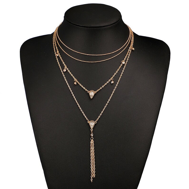 Multi-Strand Necklace Geometric Necklace Gift For Her Boho Minimalist Gold Layered Tassel Crystal Pendant Necklace Boho Necklace Dainty