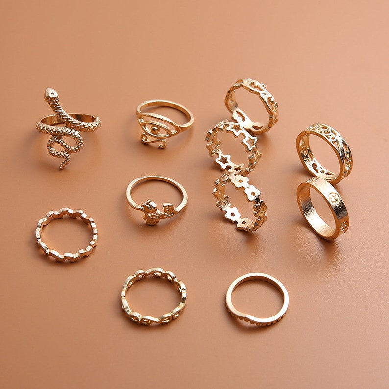 11 Piece Unique Rings Gold Snake Boho Ring Set Bohemian Ring Set Bohemian Stack Ring Set Midi Ring Set Beach Jewelry Boho Stackable Ring Set