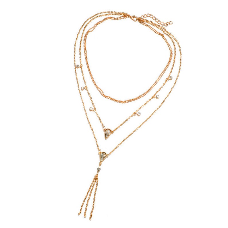 Multi-Strand Necklace Geometric Necklace Gift For Her Boho Minimalist Gold Layered Tassel Crystal Pendant Necklace Boho Necklace Dainty
