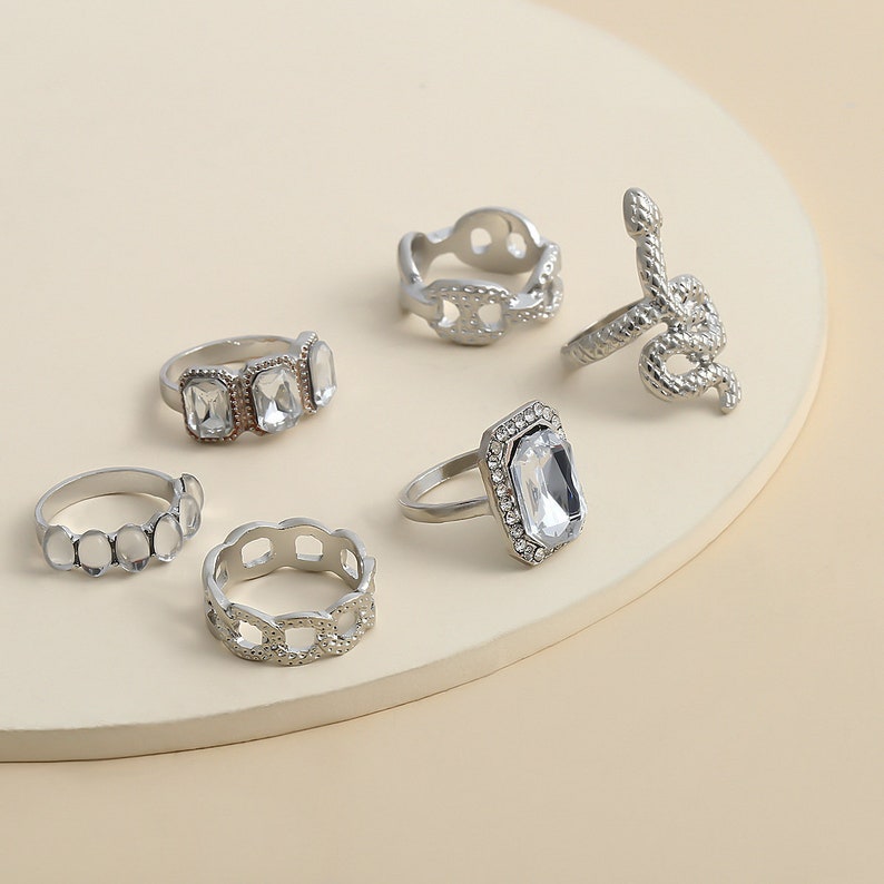 Fashion Blogger Style Snake Ring Chunky Rings Influencer Diamond Ring Ring Gift Set Fashion Boho Ring Set Stone Silver Boho Rings