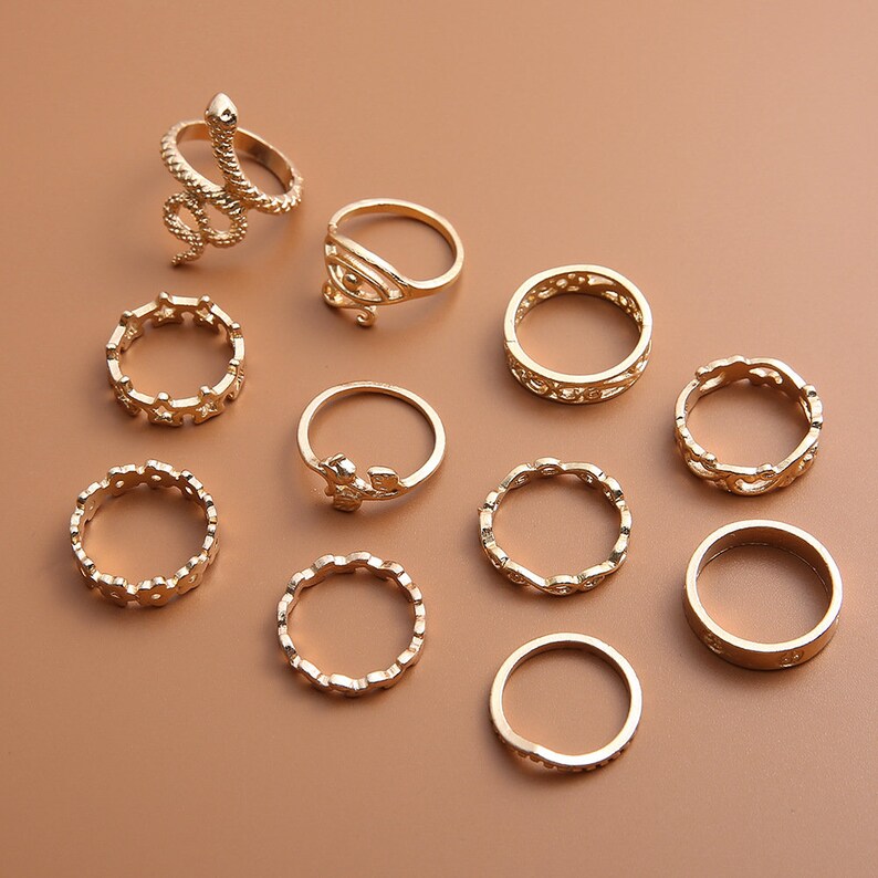 11 Piece Unique Rings Gold Snake Boho Ring Set Bohemian Ring Set Bohemian Stack Ring Set Midi Ring Set Beach Jewelry Boho Stackable Ring Set