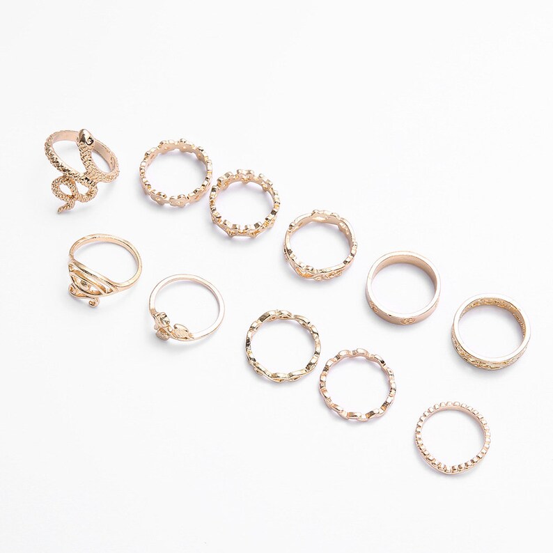 11 Piece Unique Rings Gold Snake Boho Ring Set Bohemian Ring Set Bohemian Stack Ring Set Midi Ring Set Beach Jewelry Boho Stackable Ring Set