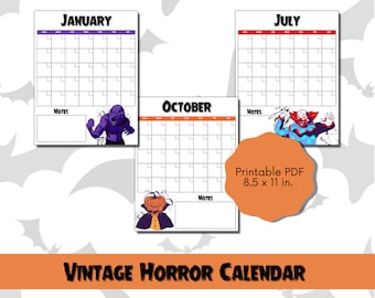 Vintage Halloween Calendar // Printable Calendar PDF // Digital Download // Monthly Calendar // Halloween Calendar // Horror Calendar