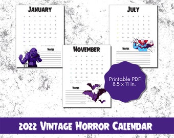 2022 Vintage Halloween Calendar // Printable Calendar PDF // Digital Download // Monthly Calendar // Halloween Calendar // Horror Calendar