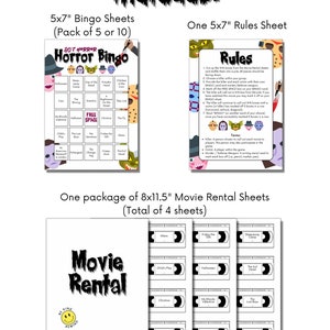 May include: A set of horror-themed game sheets. Includes 12.7cm x 17.8cm bingo sheets, a rules sheet, and 20.3cm x 29.2cm movie rental sheets. The bingo cards feature classic horror movie titles. The movie rental sheets have a retro VHS tape design.